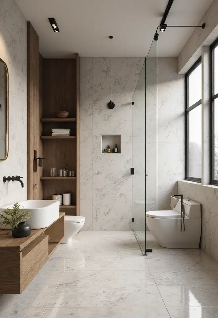 30+ Marble Tile Bathroom Ideas That Feel Luxurious 7 30+ Marble Tile Bathroom Ideas That Feel Luxurious - 7. Mixing Marble with Other Materials