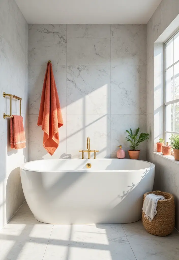 30+ Marble Tile Bathroom Ideas That Feel Luxurious 9 30+ Marble Tile Bathroom Ideas That Feel Luxurious - 9. Bright Accents Against Neutral Marble