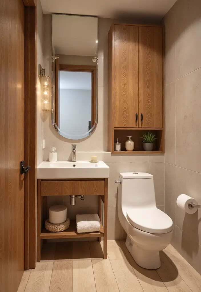 30+ Powder Bathroom Ideas That Impress Guests 29 30+ Powder Bathroom Ideas That Impress Guests - 29. Warm Wood Elements