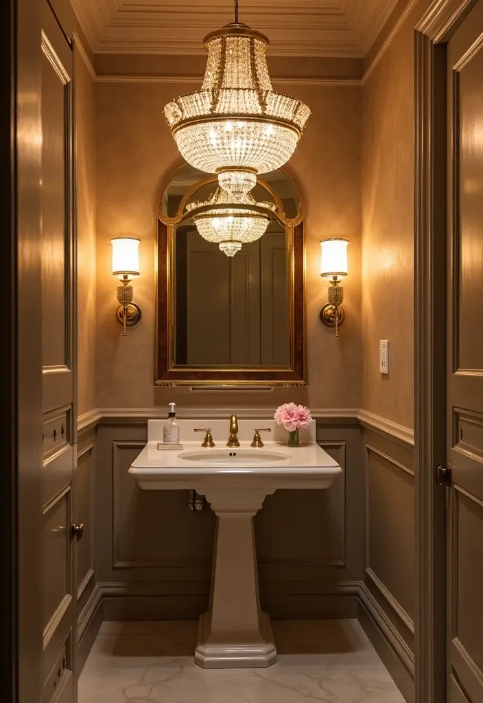 30+ Powder Bathroom Ideas That Impress Guests 3 30+ Powder Bathroom Ideas That Impress Guests - 3. Luxurious Lighting Fixtures