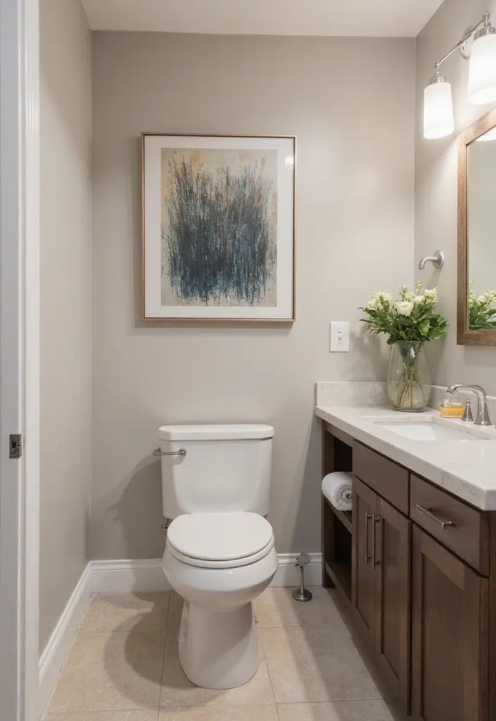 30+ Powder Bathroom Ideas That Impress Guests 6 30+ Powder Bathroom Ideas That Impress Guests - 6. Modern Art Displays