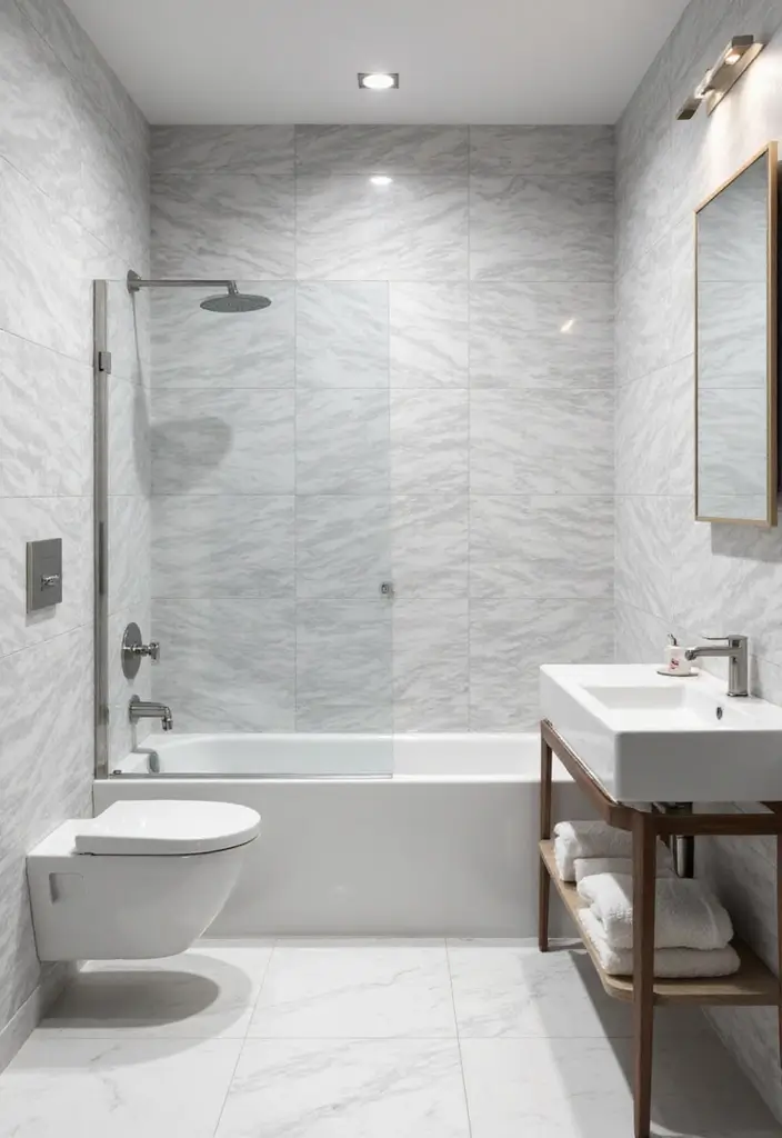 30+ Small Bathroom Tile Ideas That Look Spacious 11 30+ Small Bathroom Tile Ideas That Look Spacious - 11. White and Gray Ombré Effect