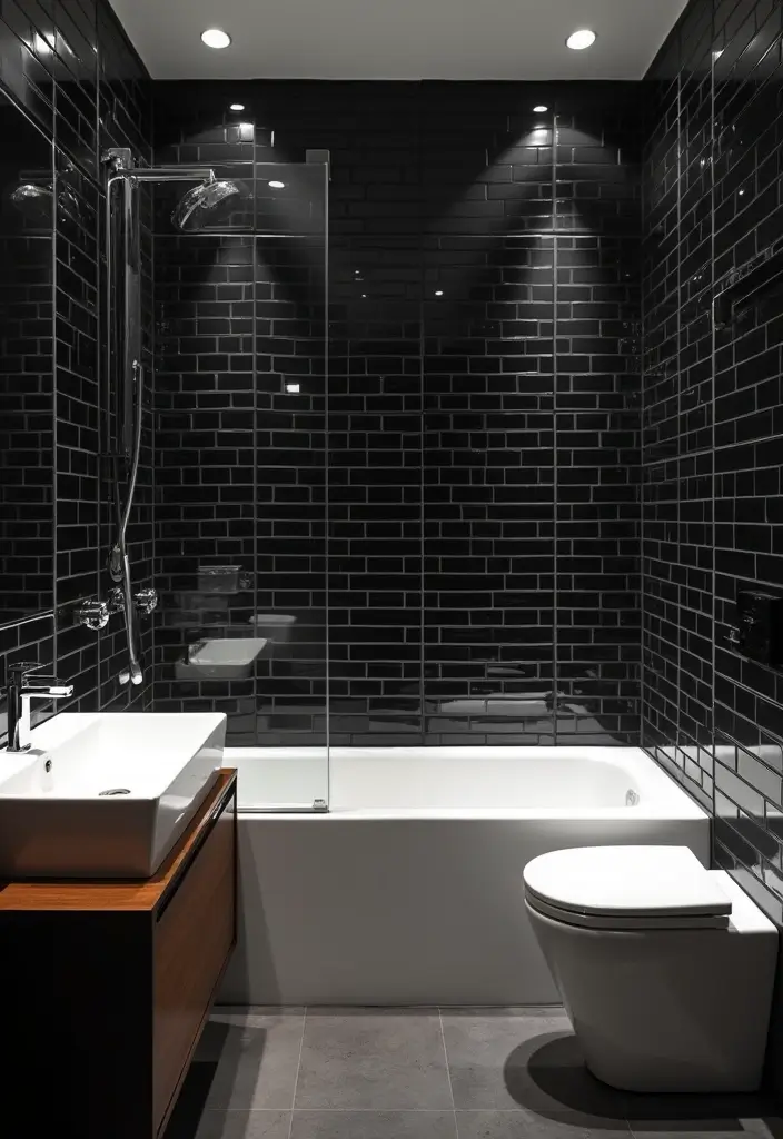 30+ Small Bathroom Tile Ideas That Look Spacious 19 30+ Small Bathroom Tile Ideas That Look Spacious - 19. Bold Black Tiles