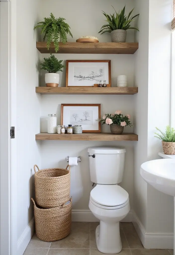 30+ Tiny Half Bathroom Ideas That Make a Big Impact 14 30+ Tiny Half Bathroom Ideas That Make a Big Impact - 14. Open Shelving for Display and Storage