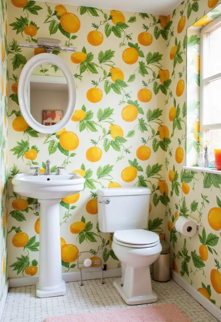 30+ Wallpaper Bathroom Ideas That Instantly Upgrade Your Space 11 30+ Wallpaper Bathroom Ideas That Instantly Upgrade Your Space - 11. Bright and Cheerful Citrus Patterns