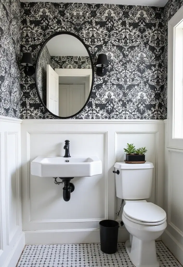 30+ Wallpaper Bathroom Ideas That Instantly Upgrade Your Space 18 30+ Wallpaper Bathroom Ideas That Instantly Upgrade Your Space - 18. Black and White Elegance