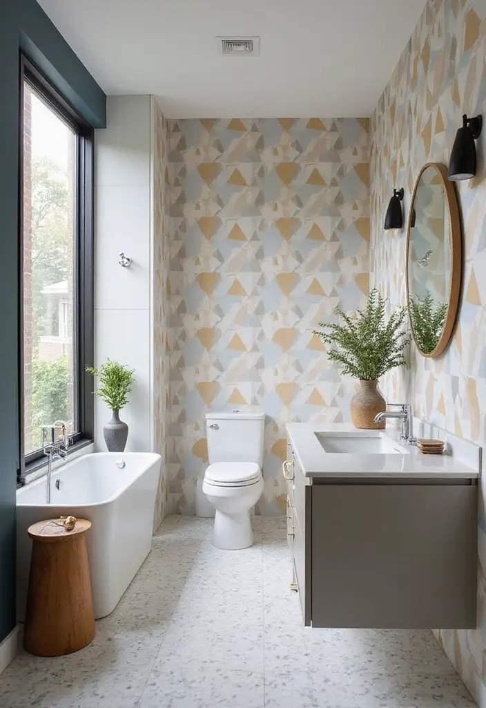 30+ Wallpaper Bathroom Ideas That Instantly Upgrade Your Space 2 30+ Wallpaper Bathroom Ideas That Instantly Upgrade Your Space - 2. Geometric Patterns for a Modern Touch