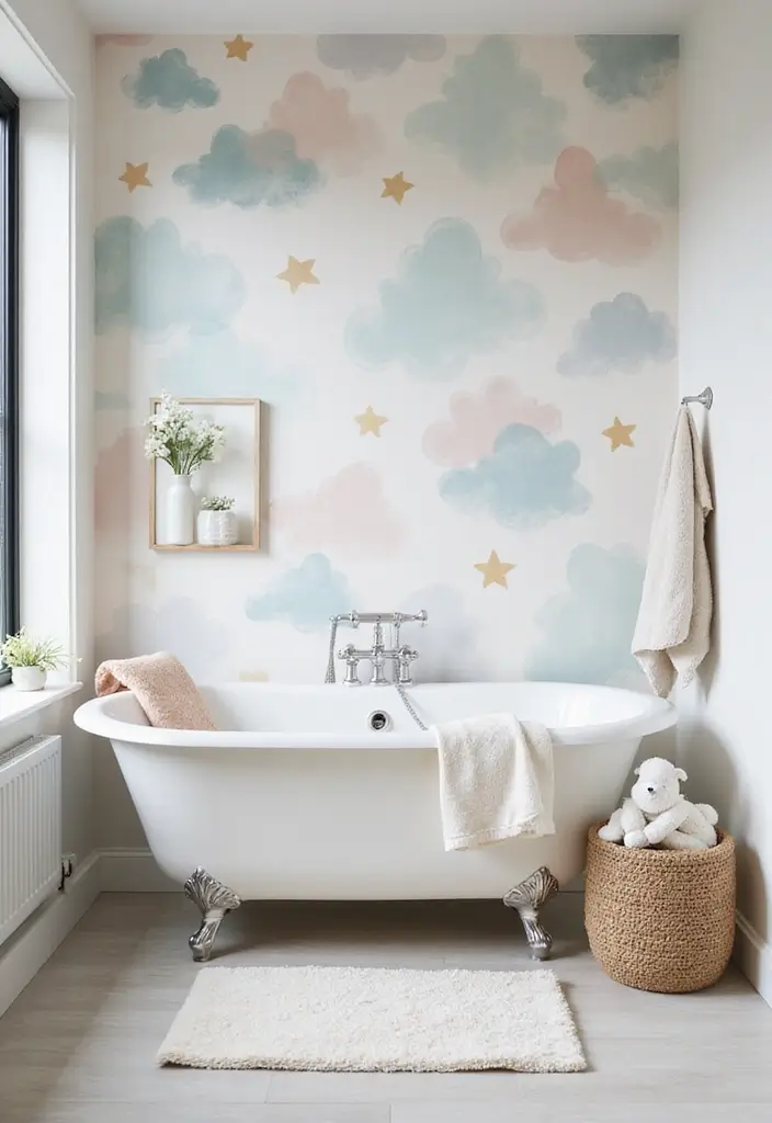 30+ Wallpaper Bathroom Ideas That Instantly Upgrade Your Space 20 30+ Wallpaper Bathroom Ideas That Instantly Upgrade Your Space - 20. Whimsical Clouds for a Dreamy Effect
