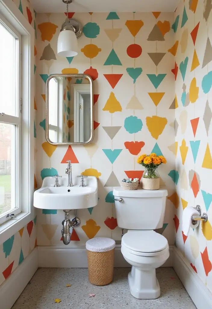 30+ Wallpaper Bathroom Ideas That Instantly Upgrade Your Space 23 30+ Wallpaper Bathroom Ideas That Instantly Upgrade Your Space - 23. Retro Geometric Shapes for a Vintage Twist