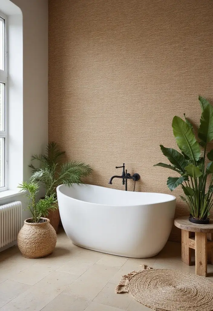 30+ Wallpaper Bathroom Ideas That Instantly Upgrade Your Space 3 30+ Wallpaper Bathroom Ideas That Instantly Upgrade Your Space - 3. Subtle Textures with Natural Fibers