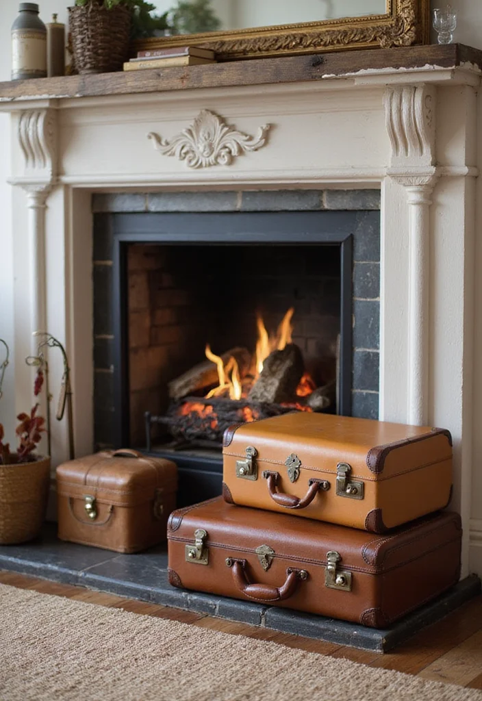 10 Fireplace Cover Ideas for Clean Seasonal Solutions - 9. Vintage Suitcase Displays