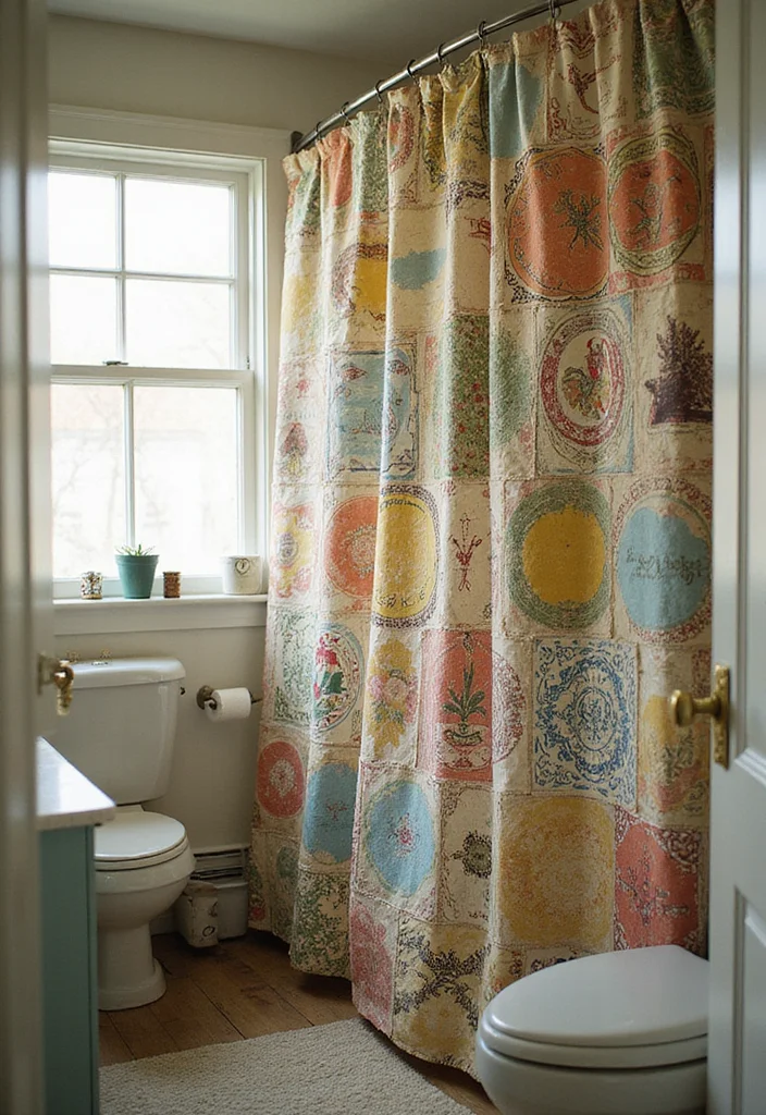 10 Shower Door Curtain Ideas for Simple Added Privacy - 3. Recycled Fabric Charm
