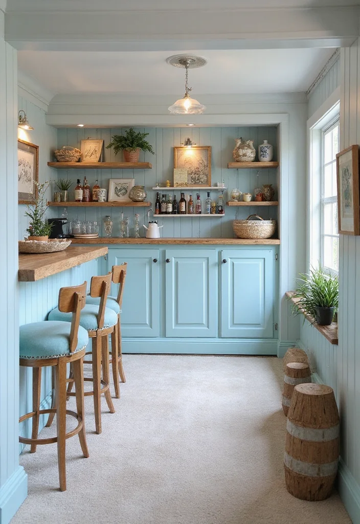 10 Small Bar Basement Ideas for Compact Stylish Setups - 6. Bright and Breezy with Coastal Decor