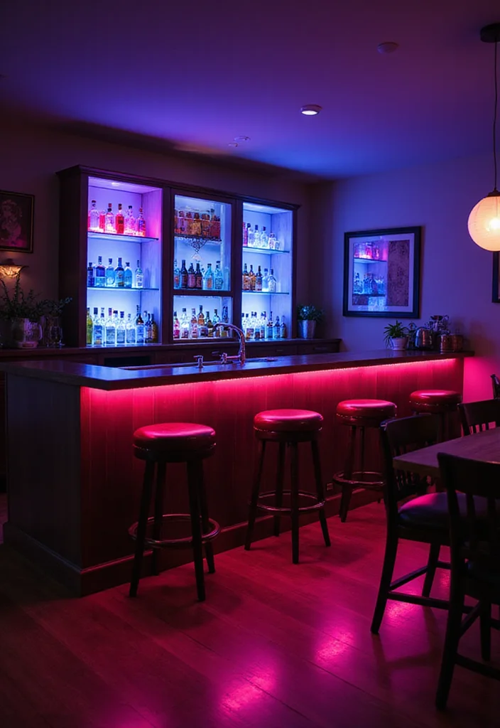 12 Basement Dry Bar Ideas for Simple Low Maintenance Entertaining - 11. LED Accent Lighting Bar