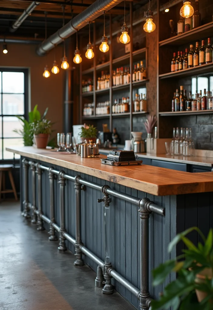 12 Basement Dry Bar Ideas for Simple Low Maintenance Entertaining - 2. Industrial Pipe Bar