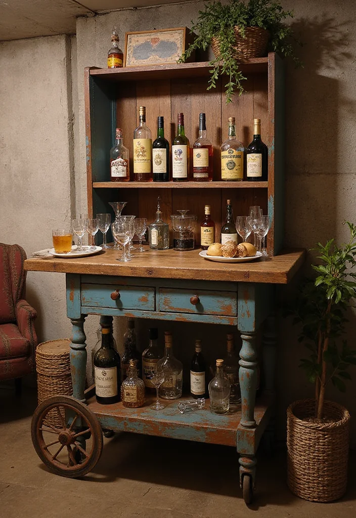 12 Basement Dry Bar Ideas for Simple Low Maintenance Entertaining - 3. Vintage Cart Bar