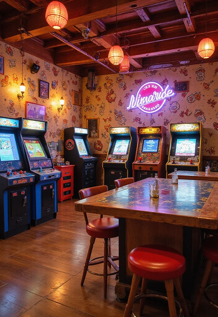 12 Basement Wet Bar Ideas for Fun Social Entertaining - 9. Retro Game Bar