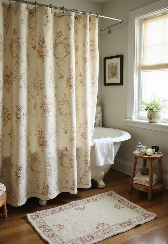 12 Bathroom Shower Curtain and Rug Ideas for Coordinated Style - 10. Vintage Charm