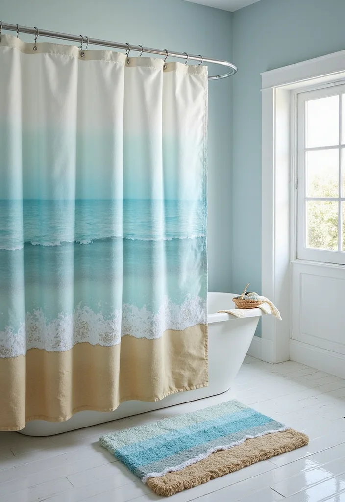 12 Bathroom Shower Curtain and Rug Ideas for Coordinated Style - 11. Coastal Vibes