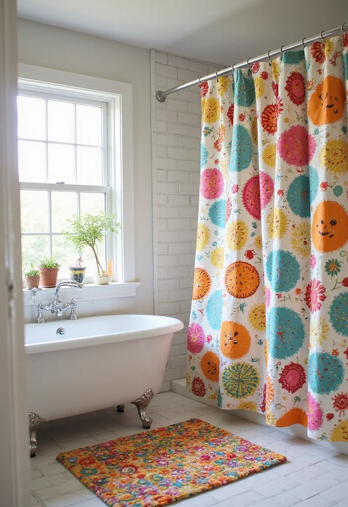 12 Bathroom Shower Curtain and Rug Ideas for Coordinated Style - 12. Playful Prints