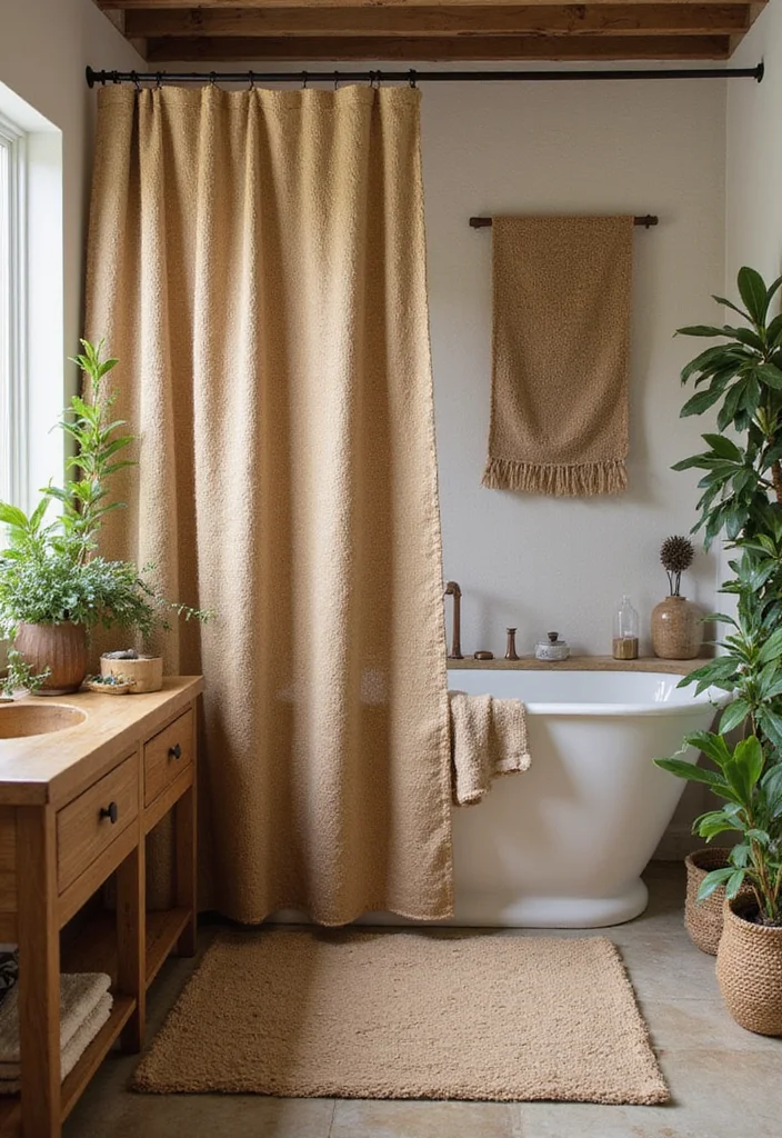 12 Bathroom Shower Curtain and Rug Ideas for Coordinated Style - 4. Jute for Texture