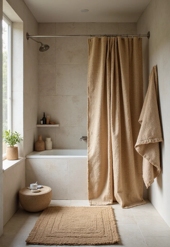 12 Bathroom Shower Curtain and Rug Ideas for Coordinated Style - 5. Hemp Harmony
