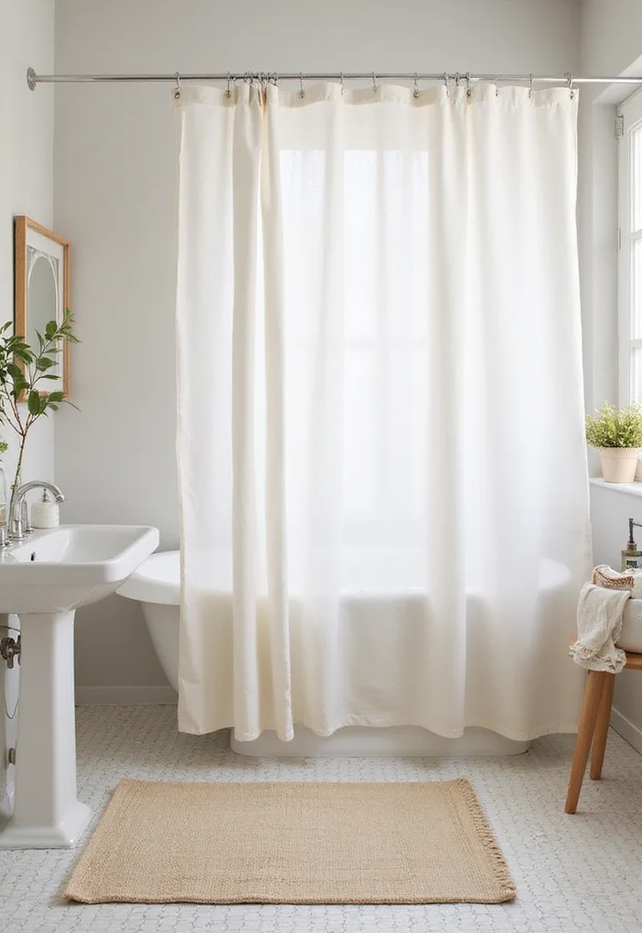 12 Bathroom Shower Curtain and Rug Ideas for Coordinated Style - 6. Minimalistic Linen