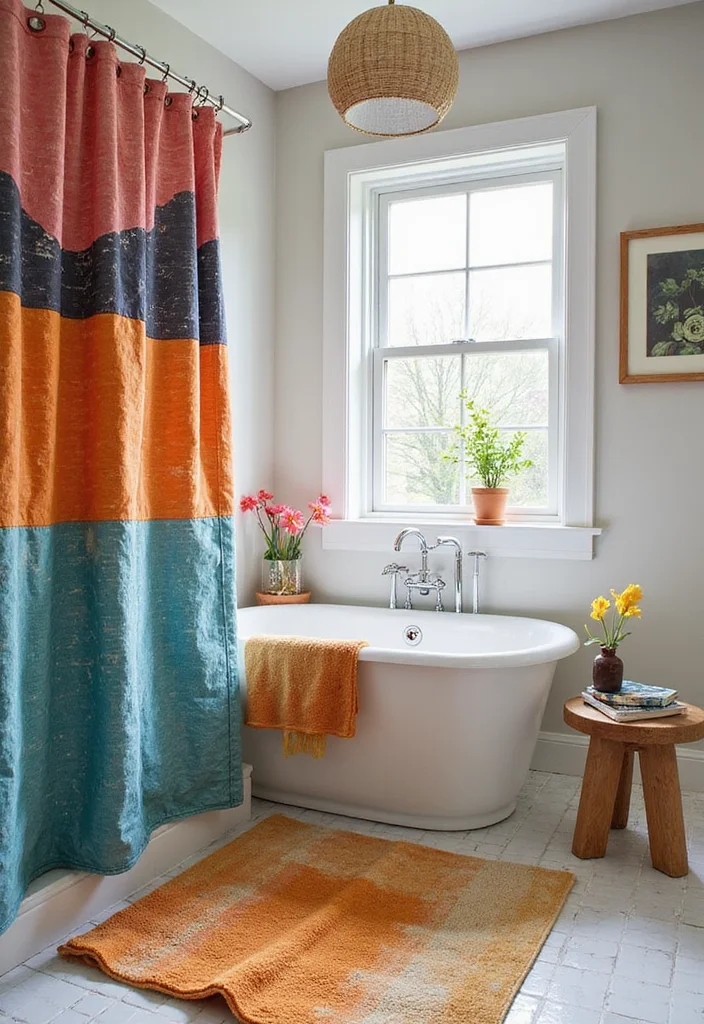 12 Bathroom Shower Curtain and Rug Ideas for Coordinated Style - 7. Artistic Canvas