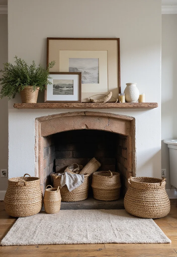 12 Fireplace Hearth Ideas for Functional Styled Bases - 1. Rustic Storage Baskets