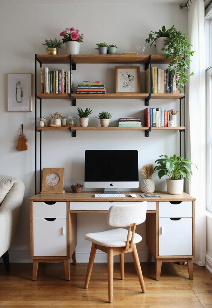 12 Living Room Office Ideas for Integrated Functional Design 34 12 Living Room Office Ideas for Integrated Functional Design - 4. Open Shelving for Workspace Decor