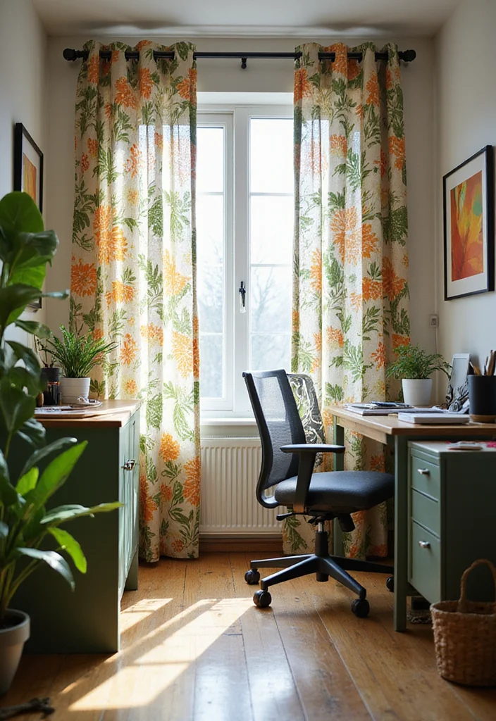 12 Office Curtain Ideas for Light Control and Professional Style - 9. Eco-Printed Curtains