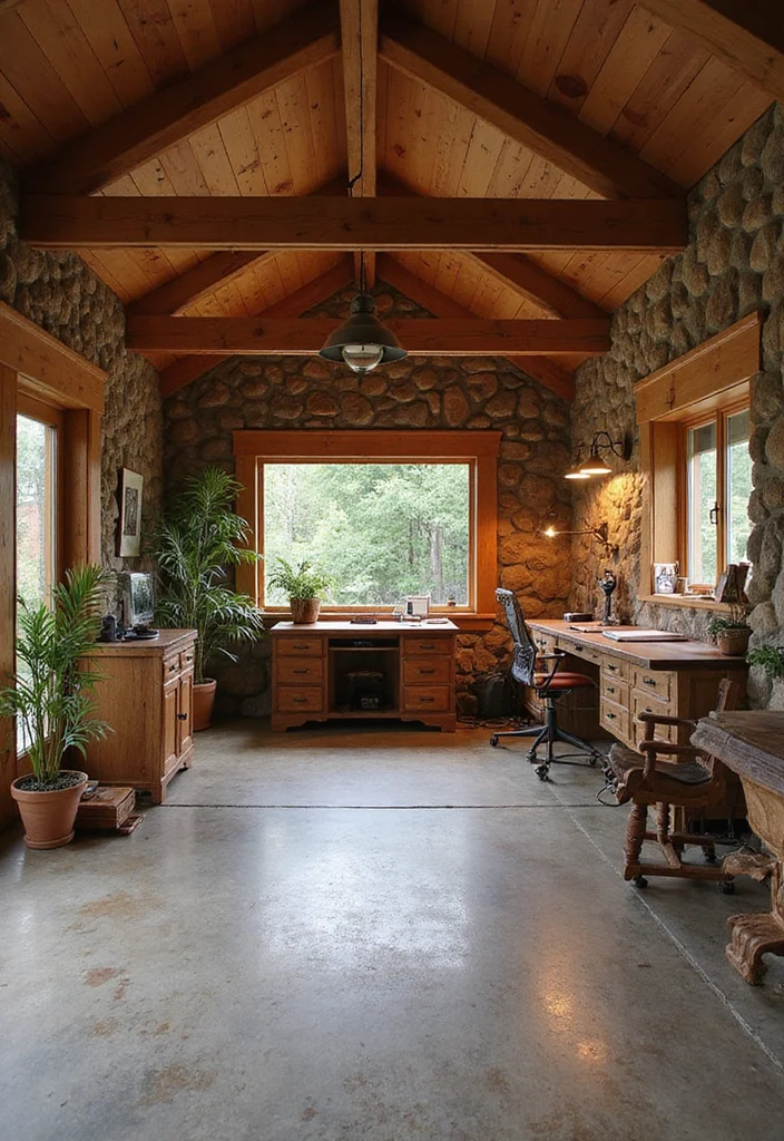 12 Office in Garage Ideas for Practical Quiet Work Areas - 5. Rustic Retreat