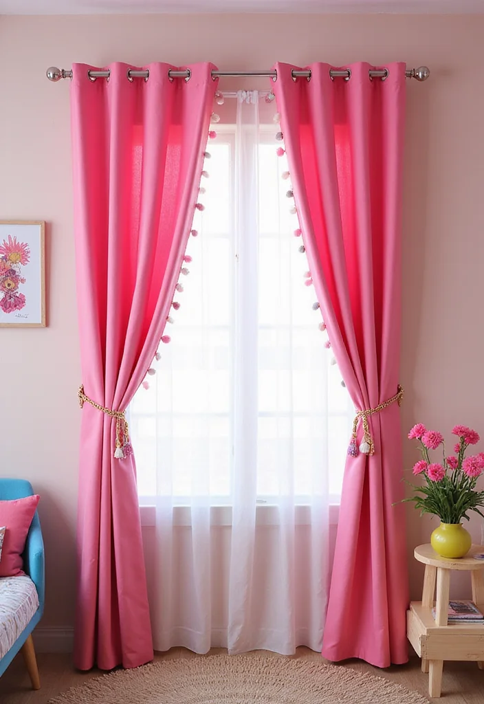 12 Pink Room Curtain Ideas for Soft Charming Decor - 9. Whimsical Pom-Pom Accents