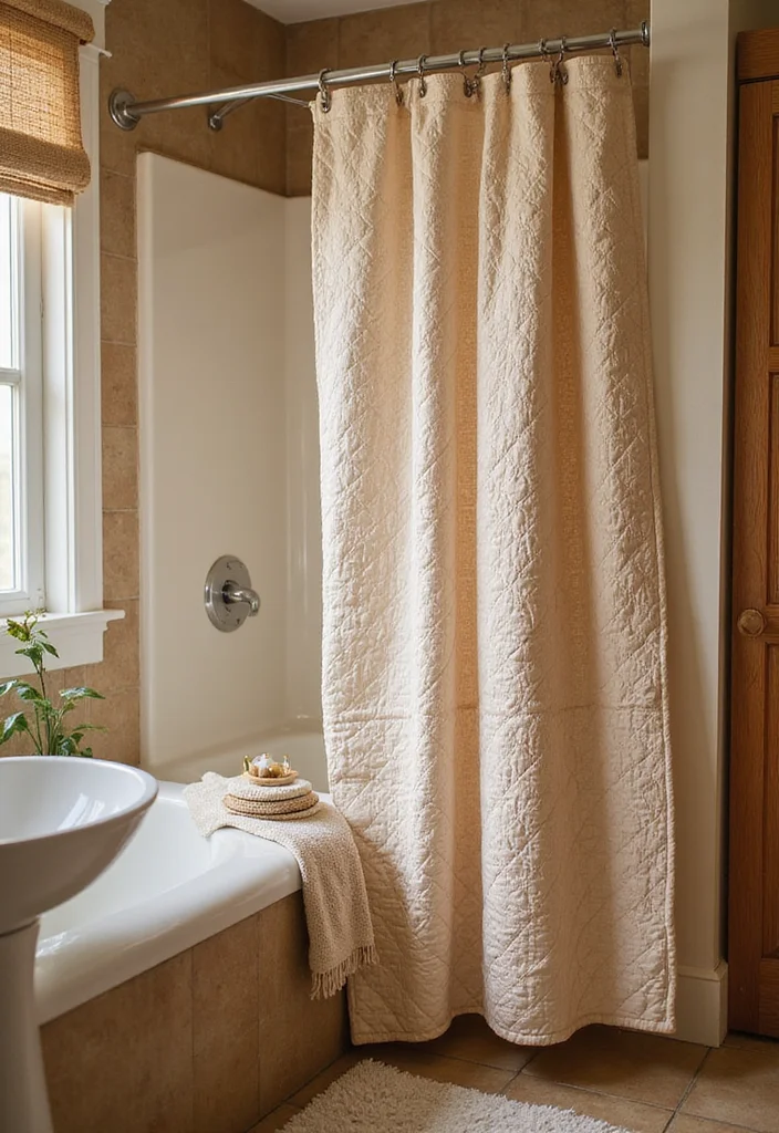 14 Bathroom Curtain Ideas for Light Privacy and Moisture Control - 10. Quilted Shower Curtain