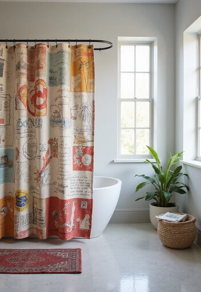 14 Bathroom Curtain Ideas for Light Privacy and Moisture Control - 12. Printed Canvas Shower Curtain