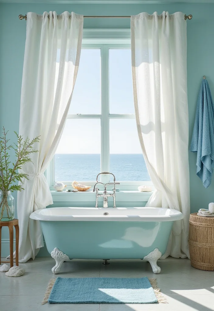14 Bathroom Curtain Ideas for Light Privacy and Moisture Control - 3. Linen Drapes for a Coastal Vibe