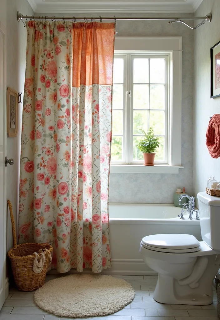 14 Bathroom Curtain Ideas for Light Privacy and Moisture Control - 6. Upcycled Fabric Shower Curtain