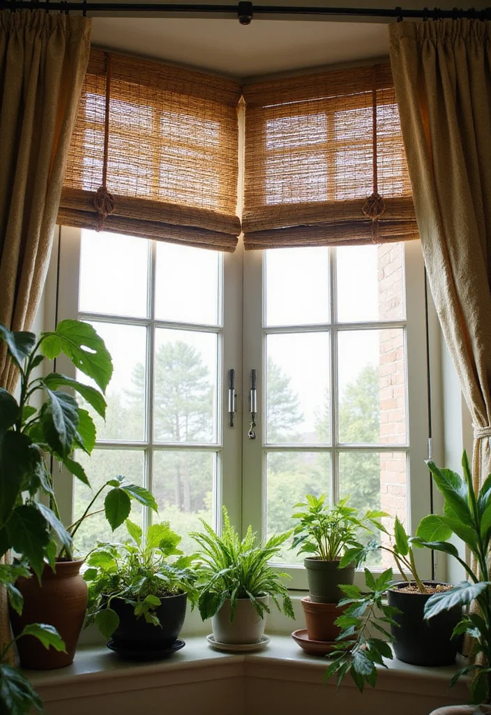 14 Bay Window Curtain Ideas for Balanced Elegant Framing - 1. Bamboo Roller Shades for Natural Vibes