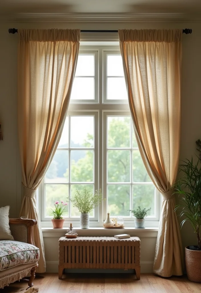 14 Bay Window Curtain Ideas for Balanced Elegant Framing - 12. Rustic Canvas for a Natural Feel