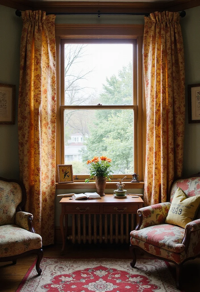 14 Bay Window Curtain Ideas for Balanced Elegant Framing - 13. Repurposed Vintage Curtains for Unique Character