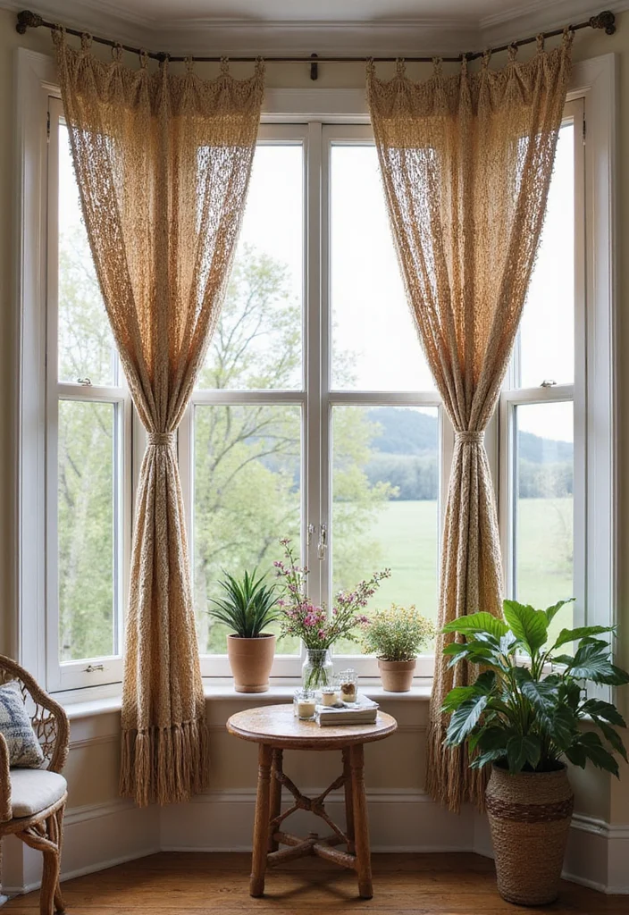 14 Bay Window Curtain Ideas for Balanced Elegant Framing - 5. Macrame Curtains for Boho Charm