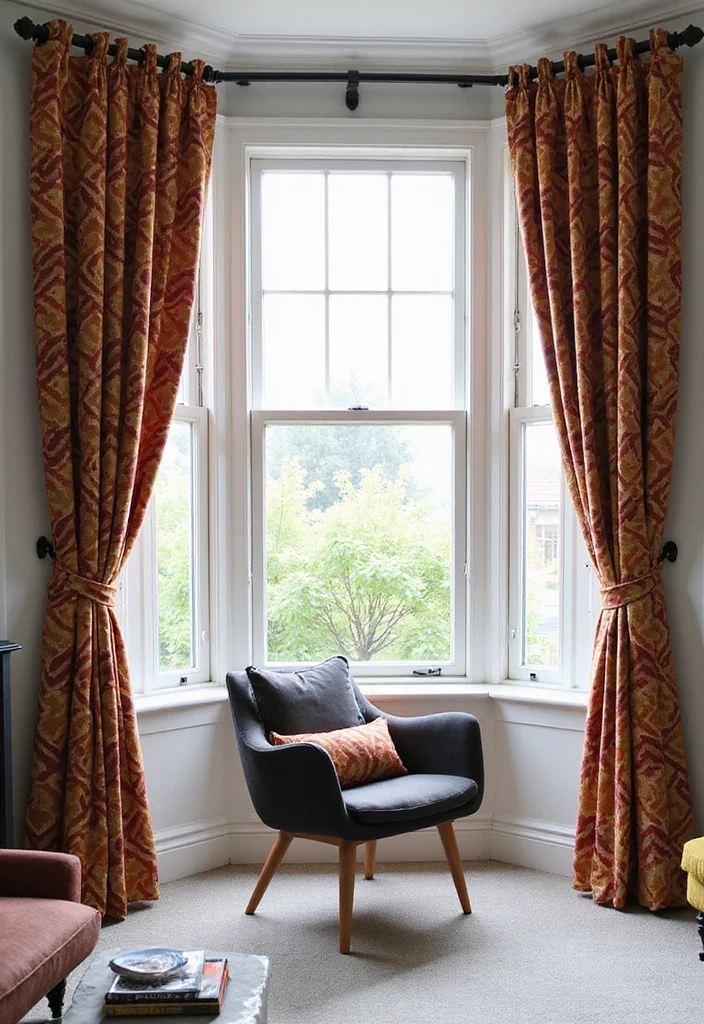 14 Bay Window Curtain Ideas for Balanced Elegant Framing - 9. Geometric Patterns for a Modern Edge