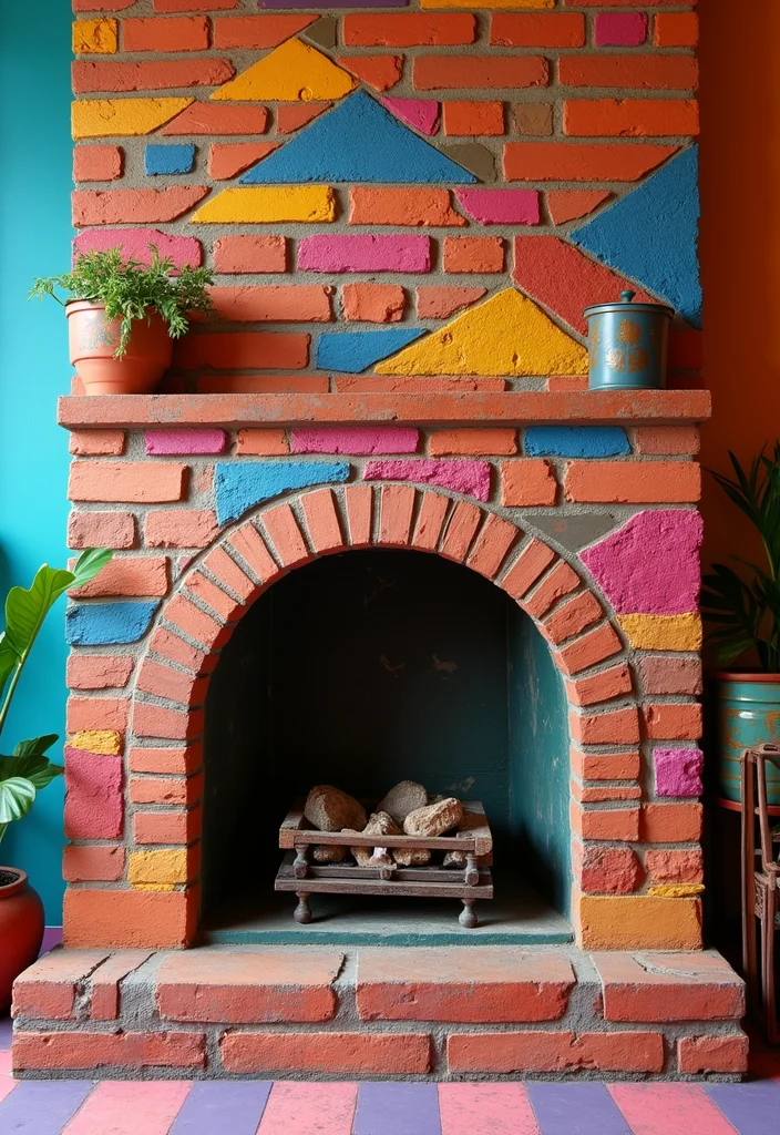 14 Brick Fireplace Painting Ideas for Fresh Updated Looks - 11. Bright and Bold Patterns