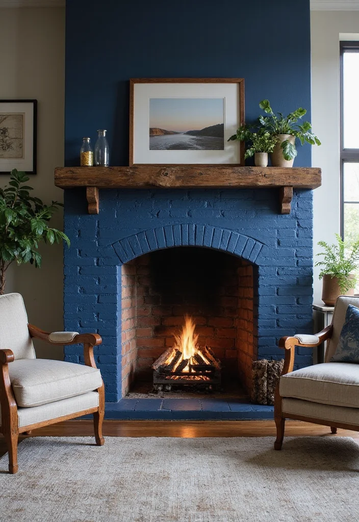 14 Brick Fireplace Painting Ideas for Fresh Updated Looks - 3. Bold Navy Statement