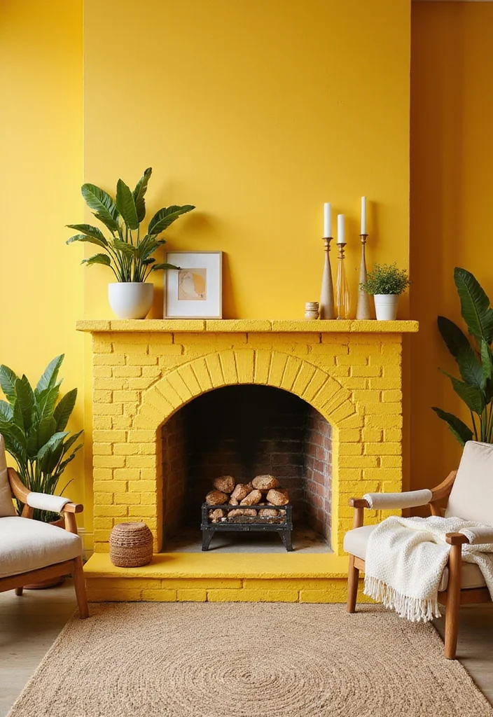 14 Brick Fireplace Painting Ideas for Fresh Updated Looks - 7. Sunshine Yellow Cheer