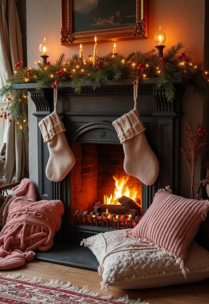 14 Christmas Fireplace Decor Ideas for Warm Festive Charm - 12. Warm Woolen Textiles