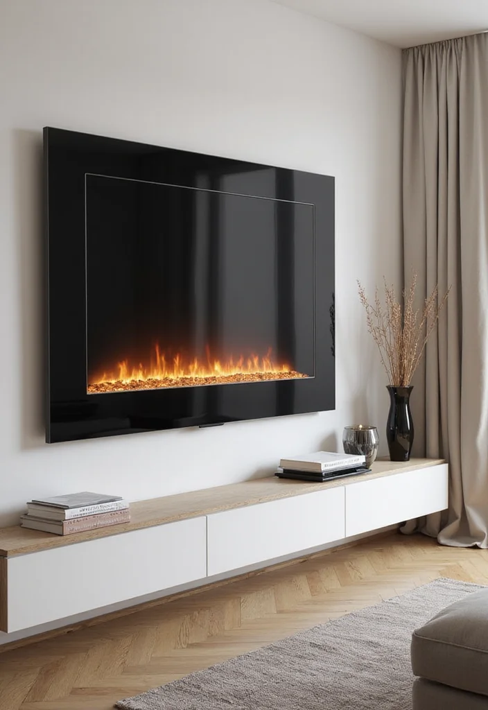14 Electric Fireplace Ideas With TV for Modern Integrated Design 1 14 Electric Fireplace Ideas With TV for Modern Integrated Design - 1. Minimalist Wall-Mounted Electric Fireplace