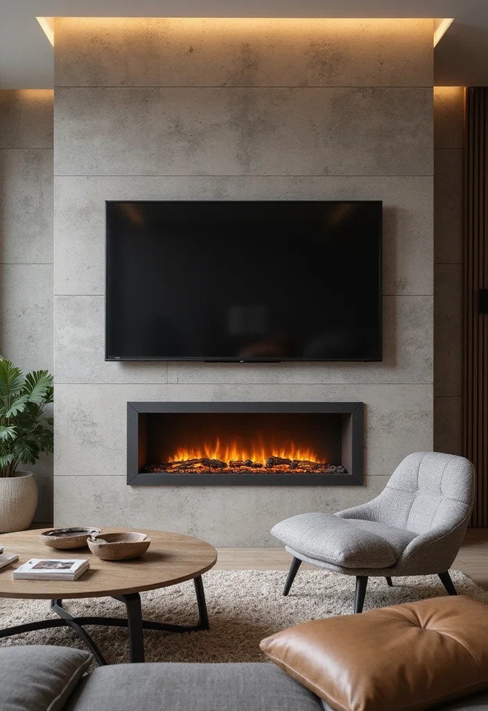 14 Electric Fireplace Ideas With TV for Modern Integrated Design 100 14 Electric Fireplace Ideas With TV for Modern Integrated Design - 10. Textured Wall Surrounding Electric Fireplace and TV