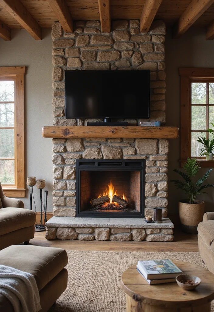 14 Electric Fireplace Ideas With TV for Modern Integrated Design 122 14 Electric Fireplace Ideas With TV for Modern Integrated Design - 12. Rustic Electric Fireplace Design with TV