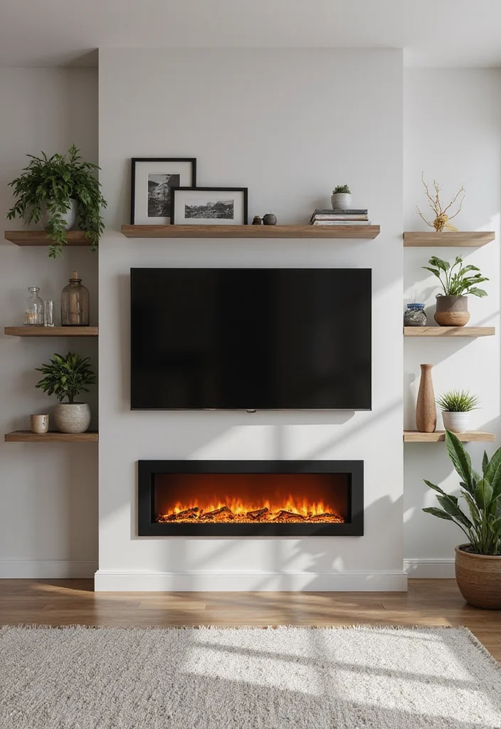 14 Electric Fireplace Ideas With TV for Modern Integrated Design 34 14 Electric Fireplace Ideas With TV for Modern Integrated Design - 4. Electric Fireplace with Floating Shelves